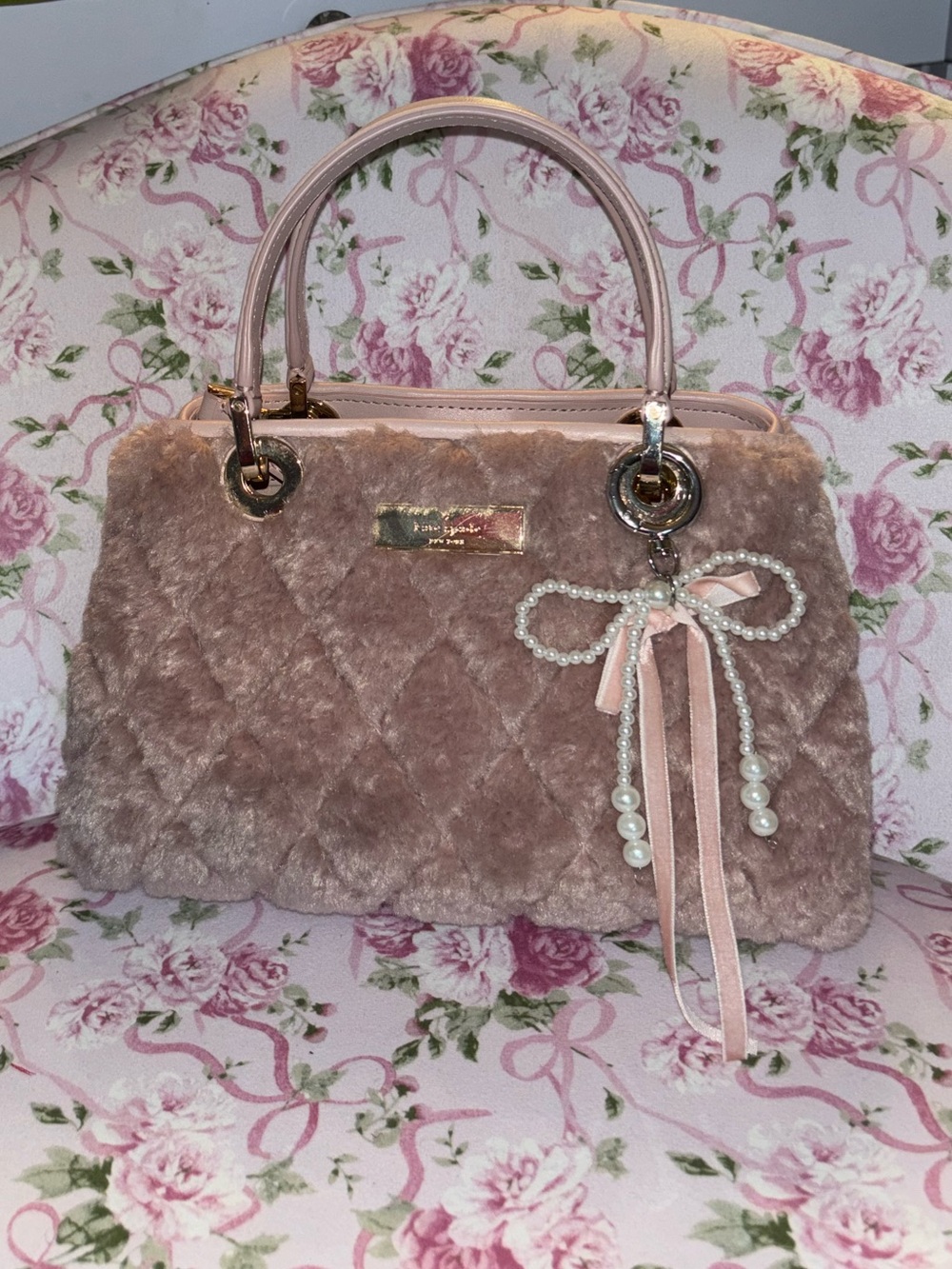 kate spade Blush Pink Quilted Faux-Fur Satchel with Pearl Bow Charm